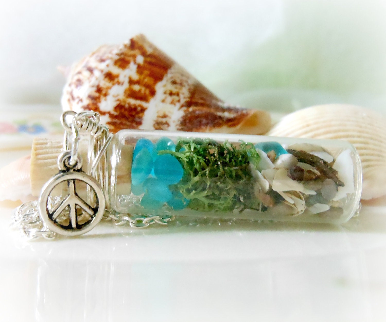 Glass Vial Necklace Bottle Moss Terrarium Seaglass Silver Peace Sign Beach Ocean Lake Michigan Summer
