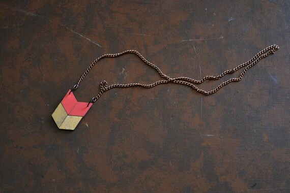 Yuchi Mini Arrow Chevron Tribal Necklace in Coral Pink and Gold Color Block