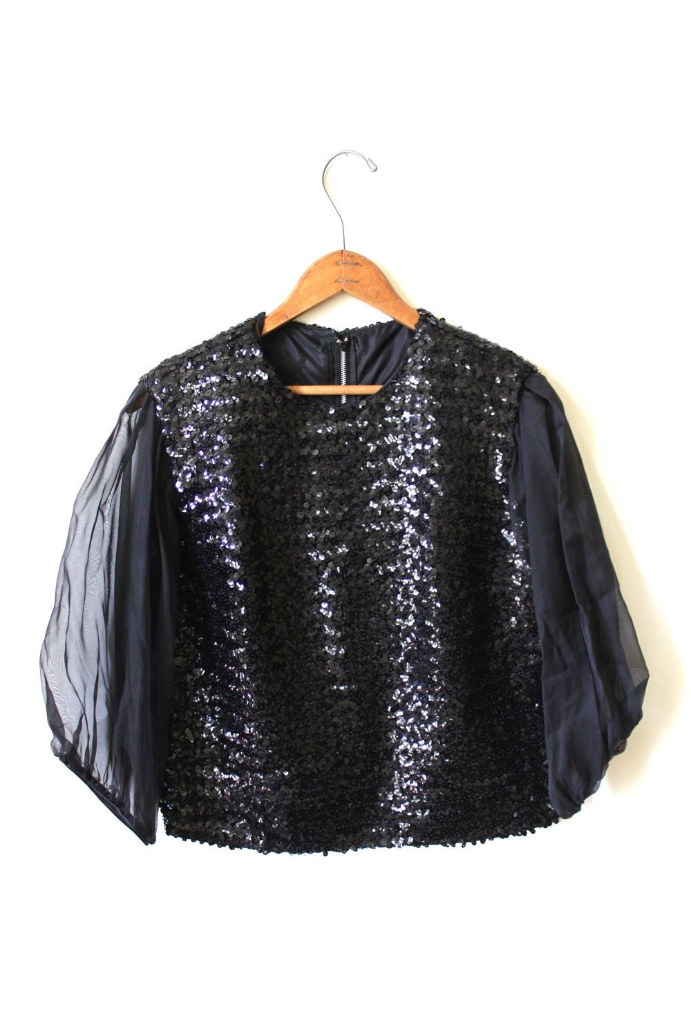 vintage SHEER SLEEVE sequin top. M/L