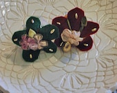 2 Sweet STRAWBERRY SACHET PINCUSHIONS Freshly Made, Antique Satin Flowers, Gold Beads, French Lavender Buds