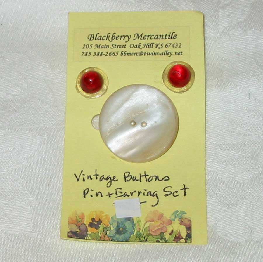 Sweet MOP BUTTON Pin and EARRING Set, Red Gum Drop Shape,Vintage White Mother of Pearl, Iridescent, Vintage Handmade Kitsch Jewelry