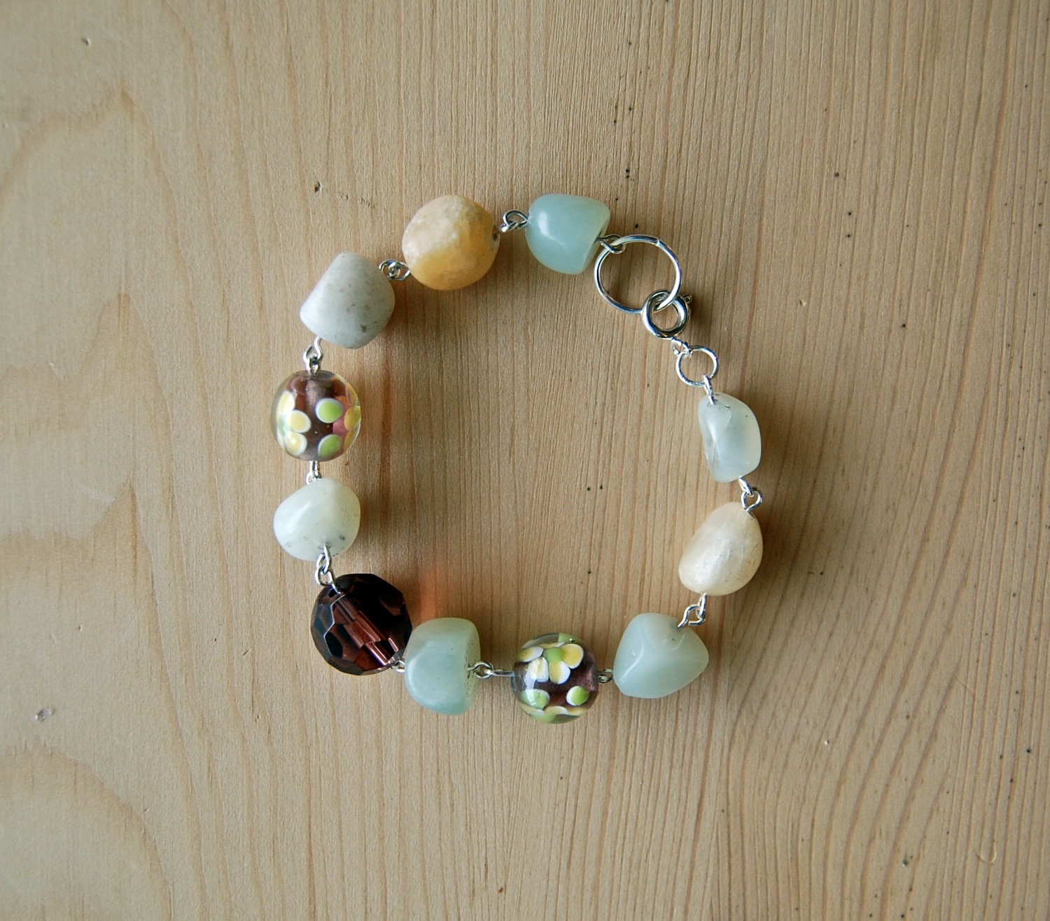 Stone Bracelet - natural stones, flower lampwork, amethyst glass