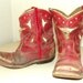 Antique Red Child size Cowboy Boots with white inlay bull design -- Great western theme decor