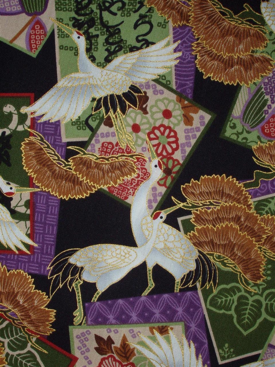 Kona Bay Asian Oriental Japanese Cotton Fabric 45" wide BTY OOP White Cranes Gold Purple Black