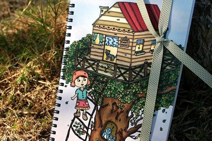 Treetop Home In Dusk Notebook Sketchbook - 50 bound pages recycled paper, for school, journal