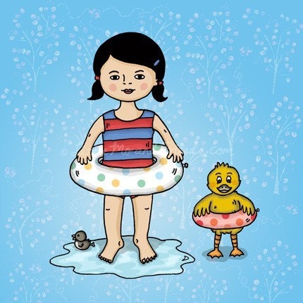 DUCK AND MO ART PRINT 5 x 5 inches by Helena Tay, signed edition, duck and girl, swimming