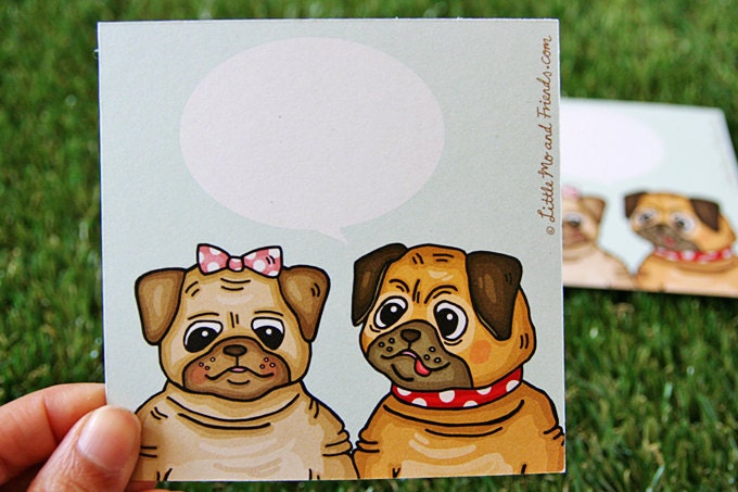 Boy Pug Conversation Note Card, 1 card and envelope, boy puppy with polka dot collar
