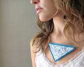 Cyan Blue Lace Necklace - vintage lace and felt - statement bib piece - By Corrieberry Pie