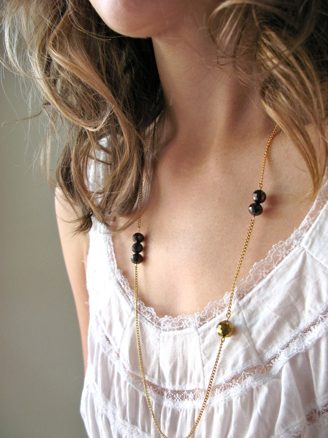 Orbit Necklace - asymmetrical - sparkle - vintage gold chain - By Corrieberry Pie