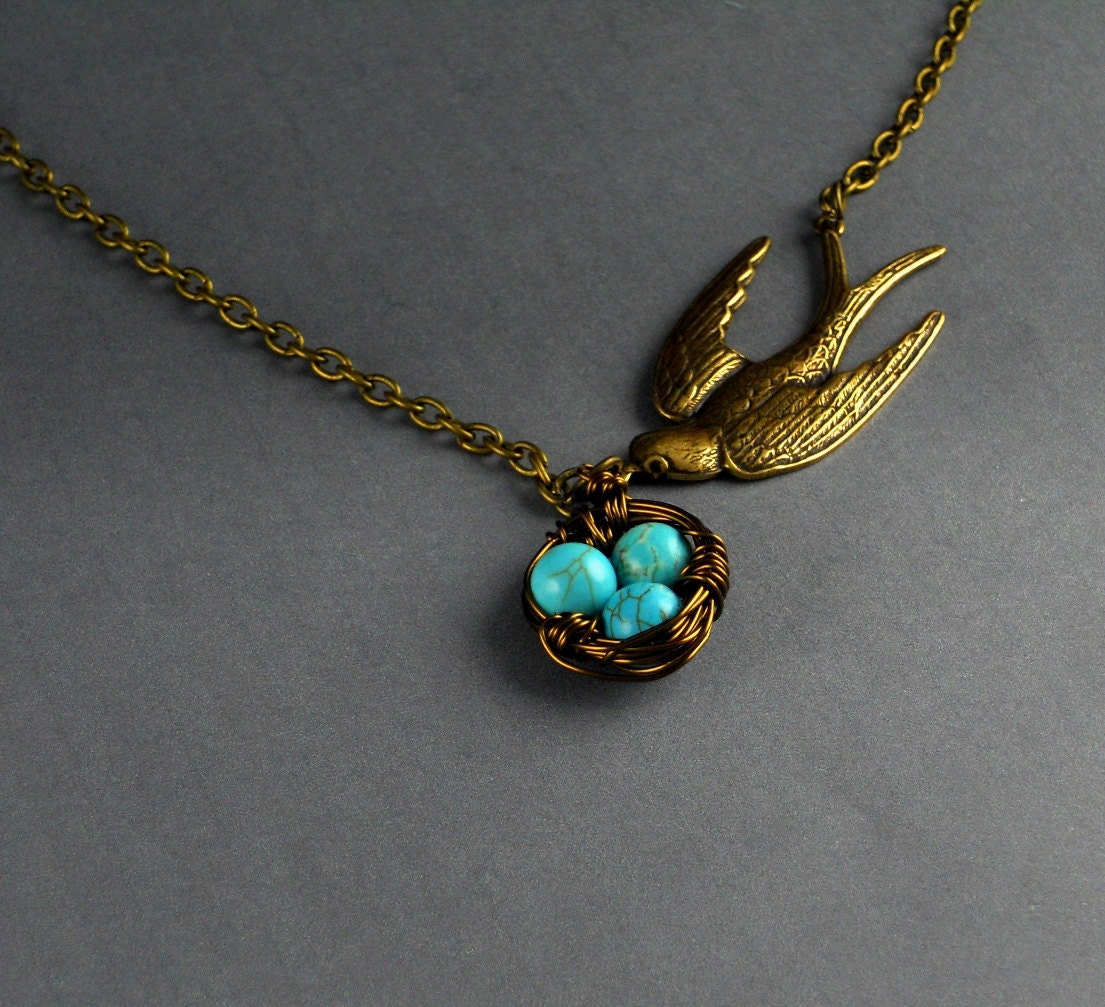 Sparrow Bird Vintage Aqua Egg Nest Necklace