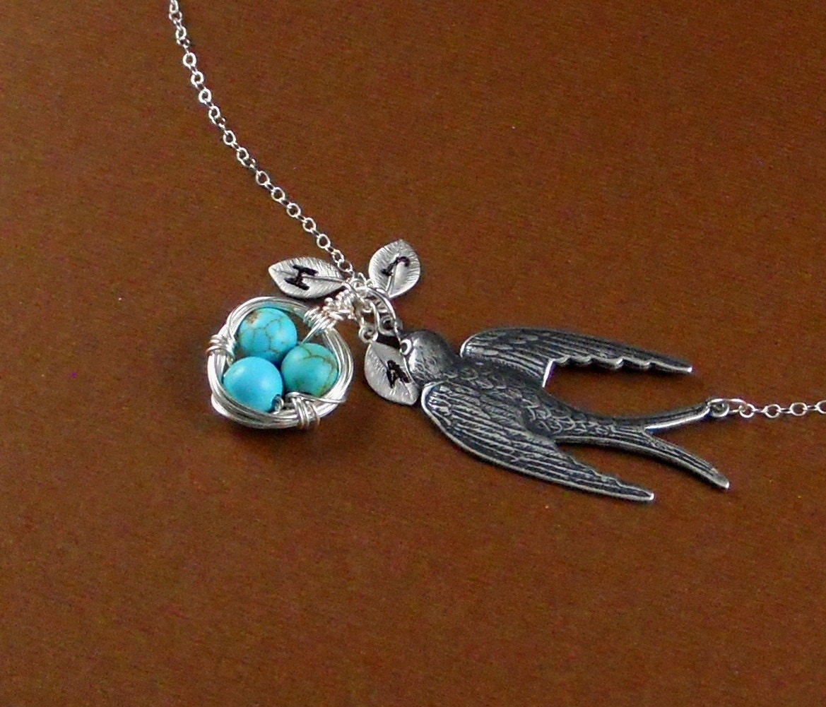 Personalized Custom Initials Swallow Bird Ox Silver Aqua Robbin Egg Blu Nest Necklace