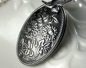 Vintage Inspired Silver Locket, Bird Sparrow Locket, Flowers Oval Locket Necklace Long Chain