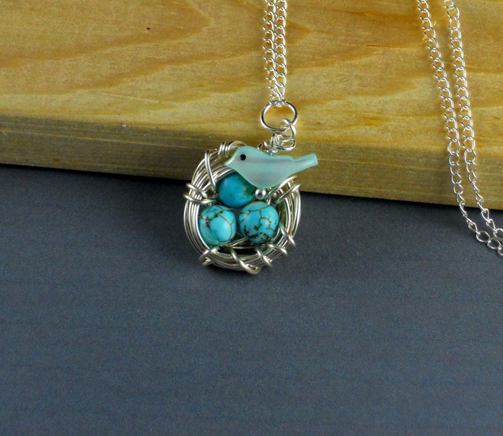 Mother of Pearl Robin With Egg Nest Sterling Silver Chain Necklace