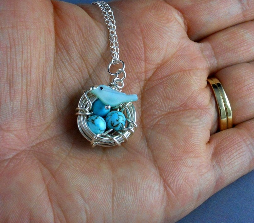 Mother of Pearl Robin With Egg Nest Sterling Silver Chain Necklace