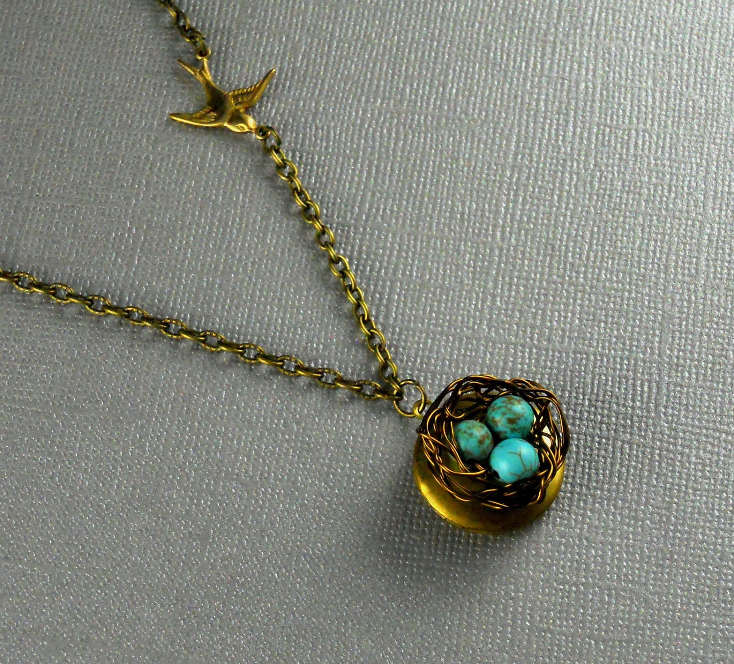 Locket Robin Egg Bird Nest Vintage Bronze Necklace