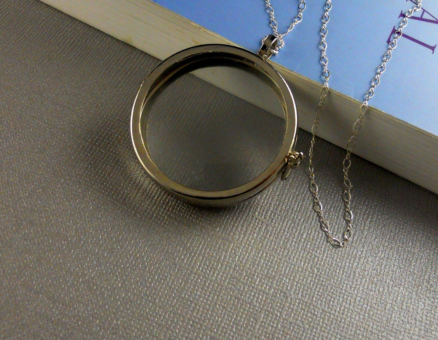 Large Clear Glass Locket, Round Bezel 3D Art Locket, Keepsake Locket, Sterling Silver Long Chain- CRYSTALLINE