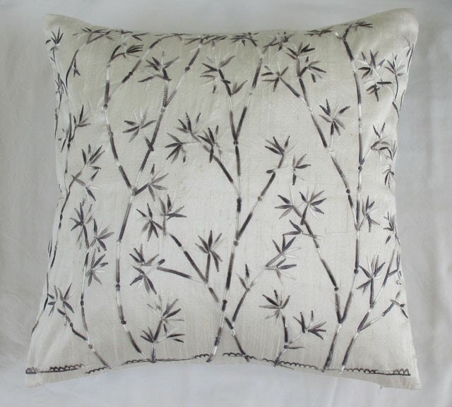 off white throw pillow cover with modern japanese bamboo embroidery 16 inch decorative cushion cover
