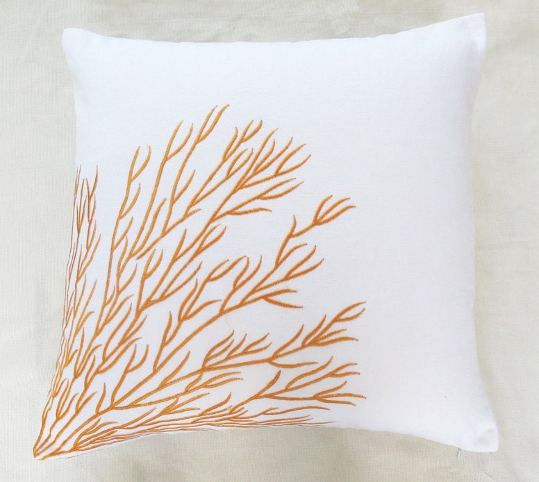 White coral trellis throw pillow 18 inch white with orange embroidery cushion cover