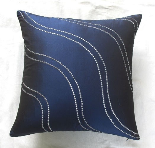navy blue throw pillow  w/ silver wave embroidery 16 inch decorative cushion cover