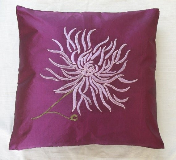 Chrysanthemum cushion cover -purple with lilac embroidery 18X18 inch decorative pillow