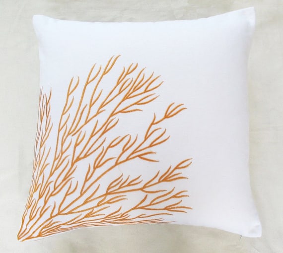 White coral trellis throw pillow 18 inch white with orange embroidery cushion cover