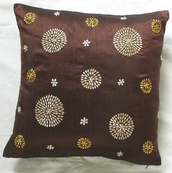 dark chocolate brown circle throw pillow 16 inch decorative cushion cover retro circle embroidery