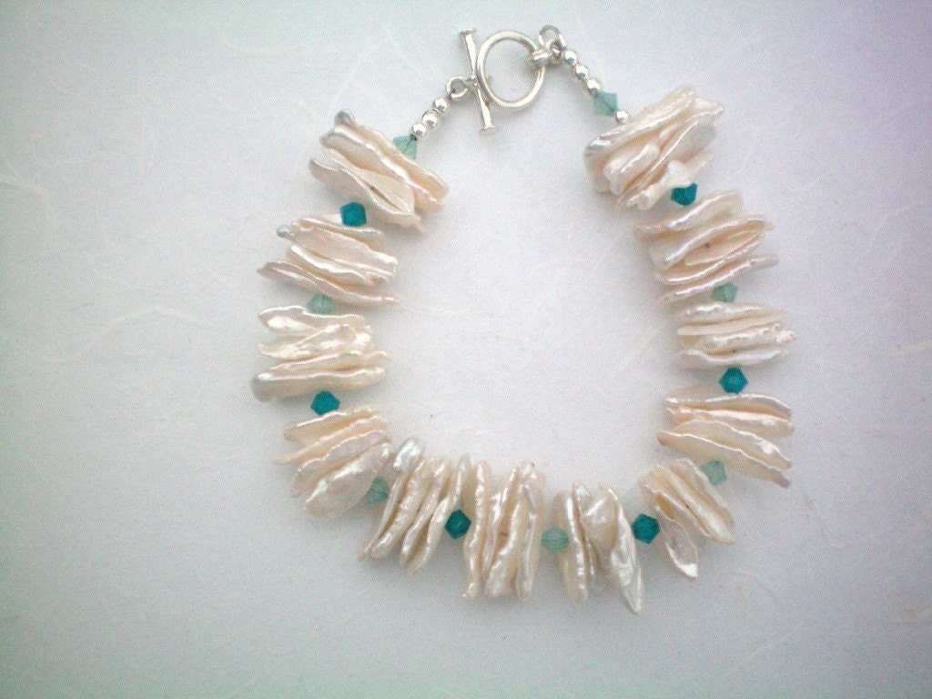 Freshwater Biwa Stick Pearl Bracelet- creamy white center drilled freshwater biwa pearls and swarovski crystals