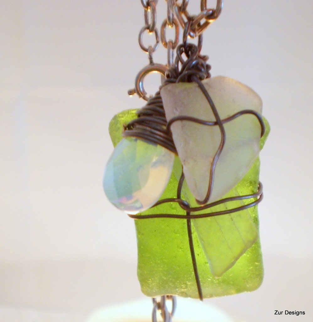 OOAK Sea Glass, Opalescent Faceted Teardrop and Oxidized Sterling Silver Wire Wrapped Necklace