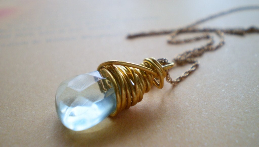 Aquamarine Dream Aquamarine Quartz Faceted Teardrop  14K Gold OOAK Vintage Necklace