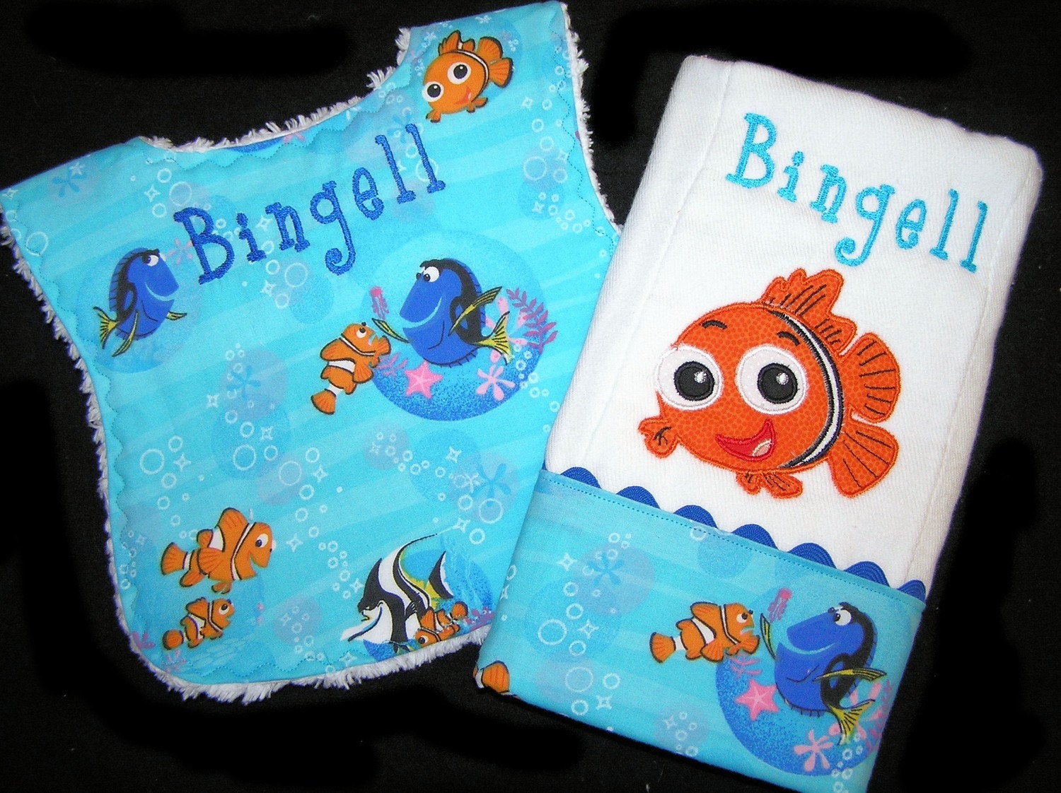 Personalized Baby Bib and Burp Cloth - Gift Set - Appliqued Orange Fish - White Chenille - Clown Fish