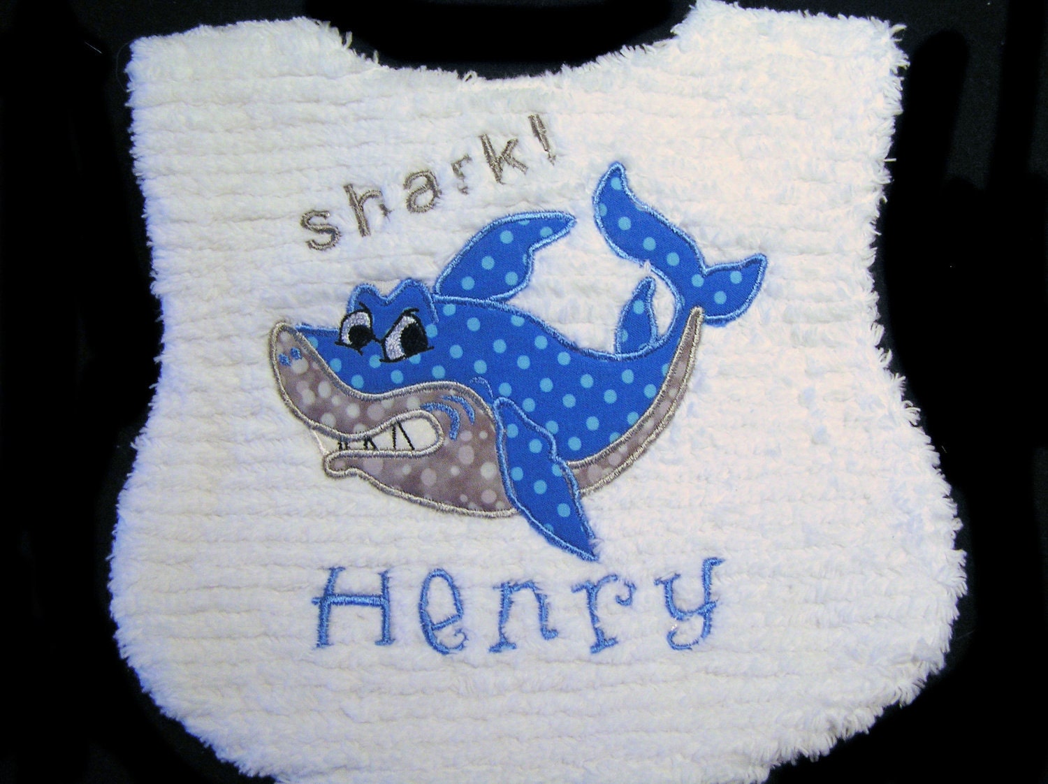 SHARK - Appliqued Baby Bib - Personalized - White Chenille - Sharks on Reverse Side