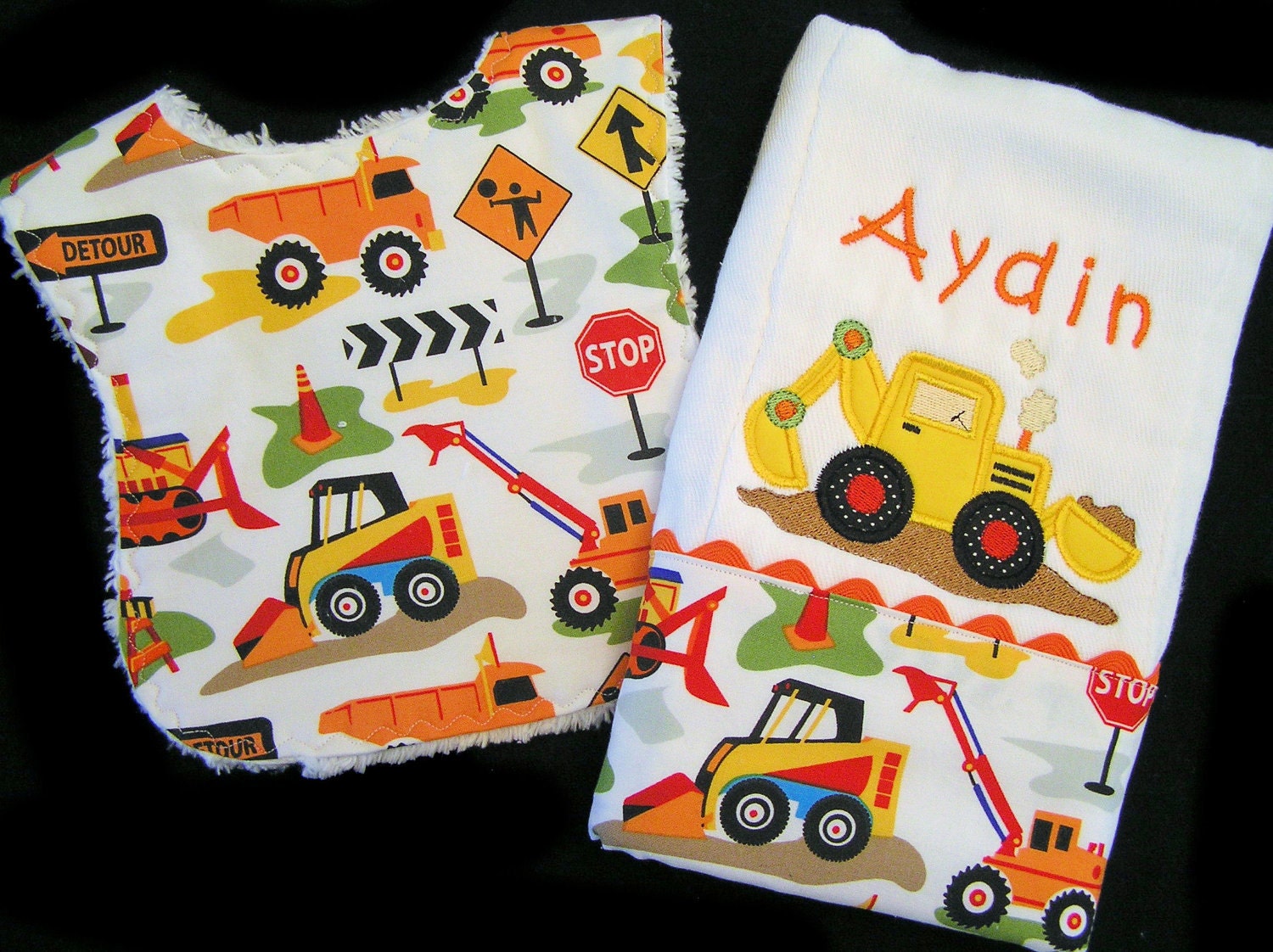 Personalized Burp Cloth Appliqued Dirt Digger - Matching Baby Bib - White Chenille - Dig It - Move It