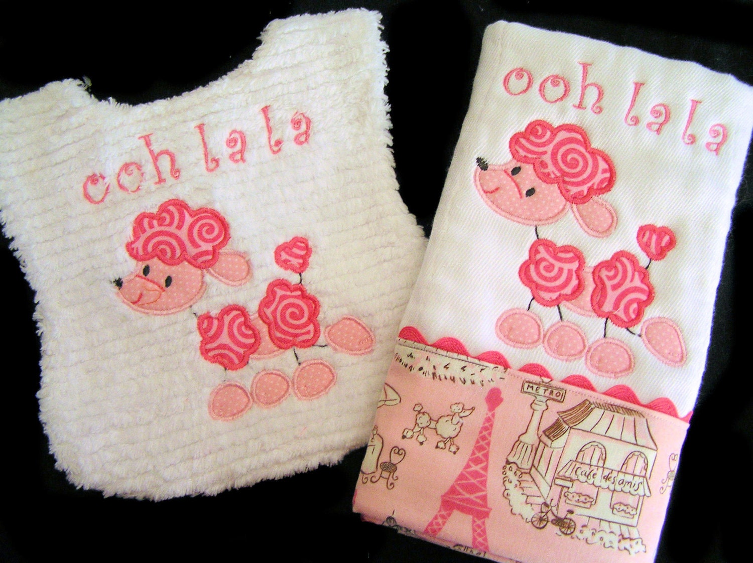 Personalized Baby Gift Set - Appliqued Pink Poodle Bib and Burp Cloth - White Chenille - Ooh La La