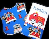 Baby Gift Set - Personalized Bib and Burp Cloth - Appliqued Fire Engine - White Chenille