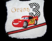 Checkered Flag - Appliqued Baby Bib - Personalized - White Chenille - Cars on Reverse Side