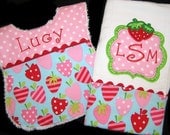 Personalized Baby Bib and Burp Cloth - Gift Set - White Chenille - Strawberry Fields