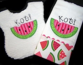 Personalized Baby Gift Set - Appliqued Bib and Burp Cloth - Watermelon - White Chenille - Reversible