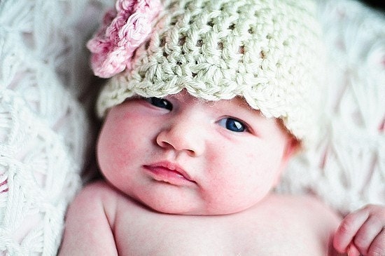 Crochet Baby Hat Girl, Newborn Baby Hat, Baby Girl Hat, Natural, Pink, Flower, 0 to 3 Months