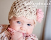 Baby Girl Hat - Baby Photo Prop - Newborn Baby Hats - Natural - Pink - Flower - 3 to 6 months