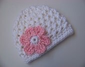 Baby Hats, Baby Girl Beanie, Newborn Crochet Hat, White, Pink, Flower