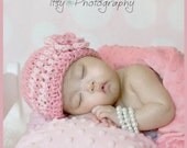 Baby Girl Beanie - Baby Flower Hat - Crochet Baby Hat  Rose and Pink with Stripes and Flower