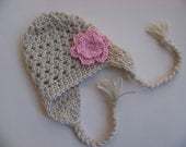 Crochet Baby Hat, Baby Girl Hat, Baby Earflap Hat, Baby Photo Prop Hat, Pink Flower Oatmeal 0 to 3 Months, Baby Girl