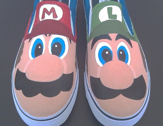 Hand Painted Mario and Luigi Vans Slip On Shoes