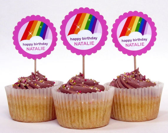 Rainbow Cupcake Toppers or Party Circles Personalized Printable (Digital File) Il_570xn