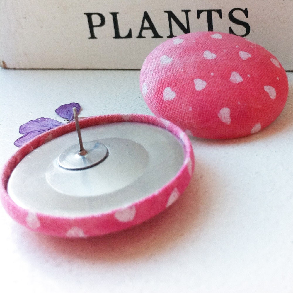 Strawberry Heart Earrings - 1.5 inch fabric covered buttons - hand dyed cotton - UK Seller