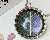 Leaf Skeleton Pendant Bottle Top Purple with delicate Green leaf round cabochon - UK seller