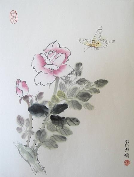 Pink Rose and Butterfly, Original Chinese Brush Painting (14x18)