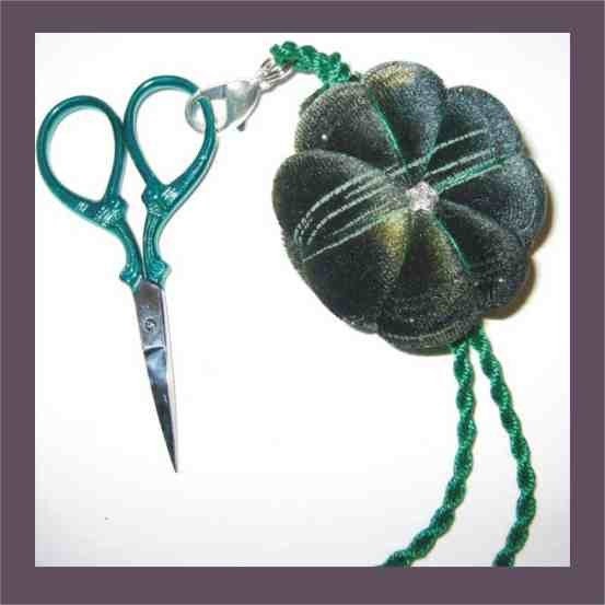 Green Velvet Pincushion Fob - Sparkly - Matching Embroidery Scissors