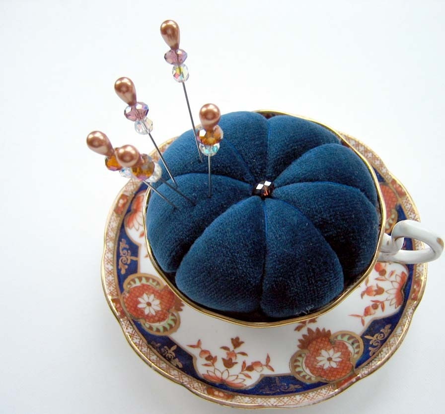 Blue Velvet Teacup Pincushion - Fit for a Queen - Five Matching Pin Toppers