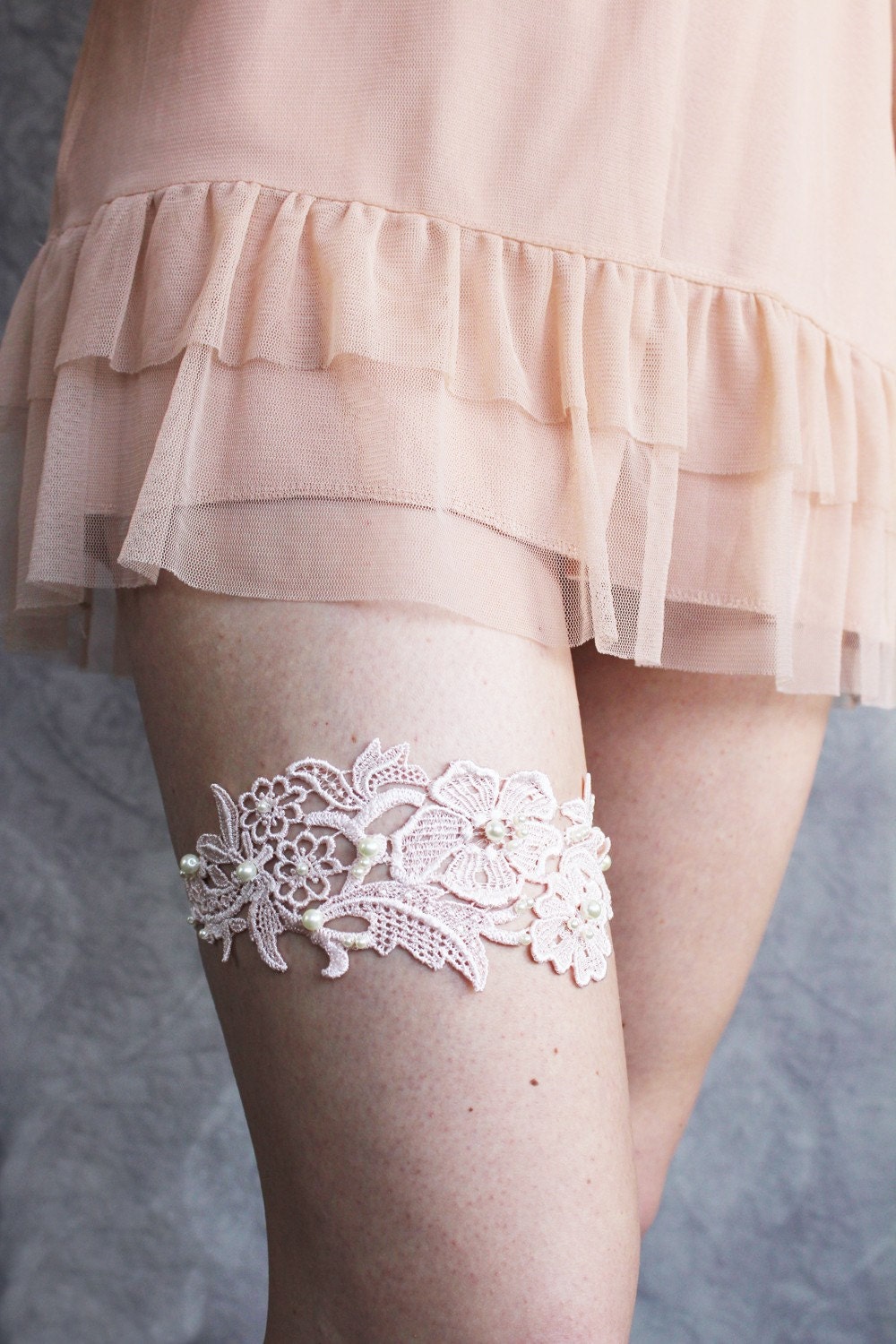 Lace Garter in Pale Pink with Pearls- Limited Edition - Last One